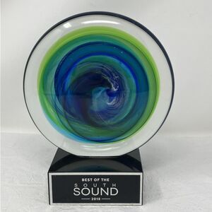 Blue Green Swirl Art Glass Sculpture Circle Award Trophy Best of South Sound